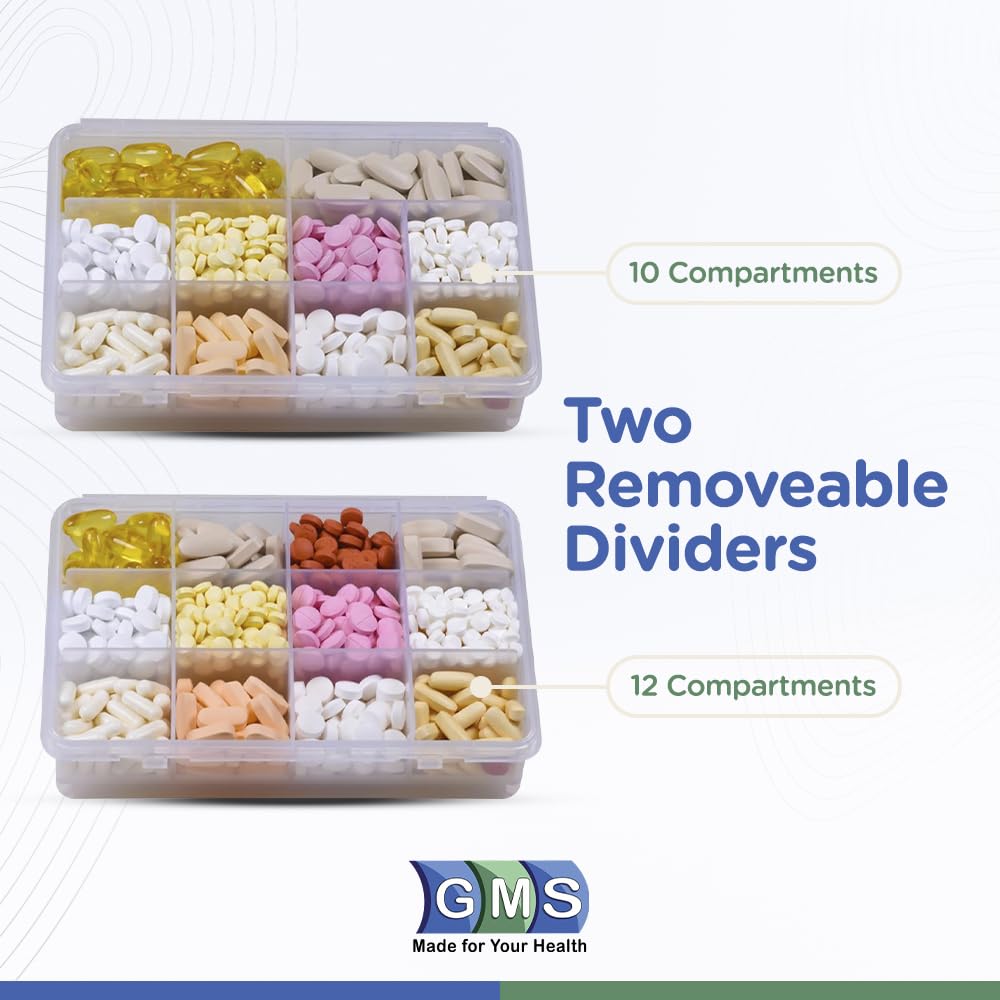 GMS 12 Compartment Vitamin Pill Organizer - Large Size Suitable for Multiple Supplements & Tablets - Safe, Secure Design with Easy Locking Lid - Medicine Cabinet Organizer & Ideal for Travel