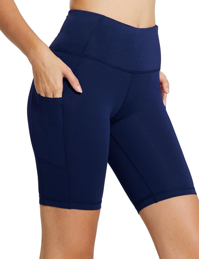 baleaf Women's High Waist Biker Shorts Tummy Control Spandex Shorts with 3 Pockets for Yoga Running Workout Compression 8" Navy Blue L