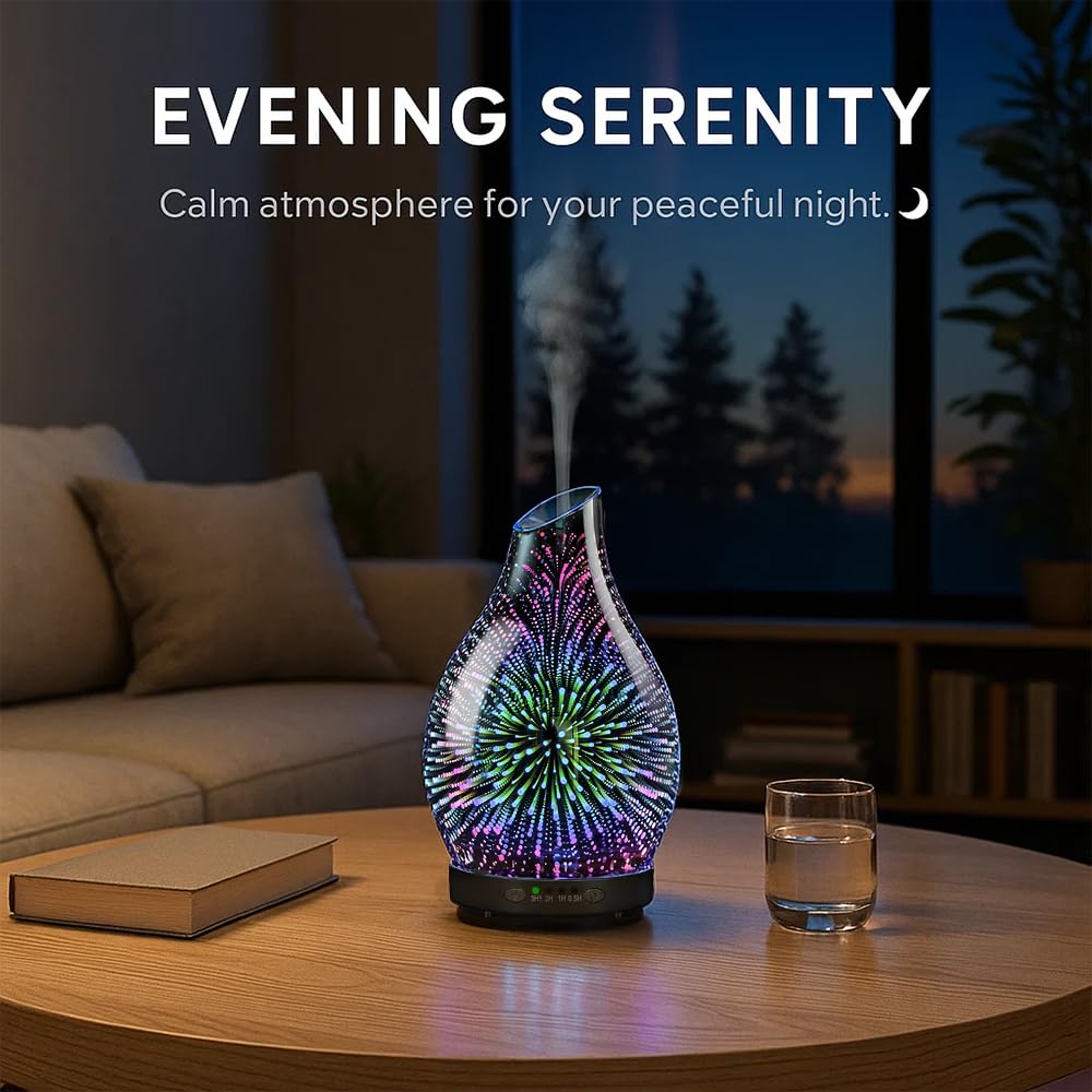 JOYOLO 120ML Essential Oil Diffuser, 3D Glass Aromatherapy Diffuser with Auto Shut-Off and 7 Color LED Lights, Ultrasonic Mist Humidifier with 4 Timer for Home Office Bedroom (3D Fireworks)