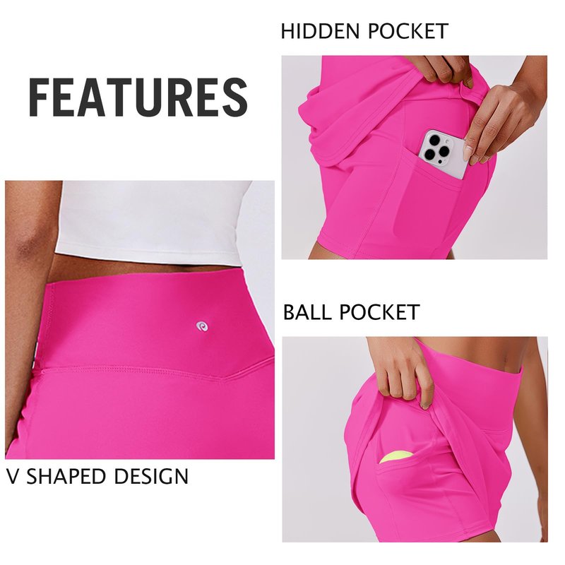 PINSPARK Golf Skirts for Women V Waisted Tennis Skorts Lightweight Athletic Skirt Stretchy Workout Skort with Pockets, Neon Pink Small