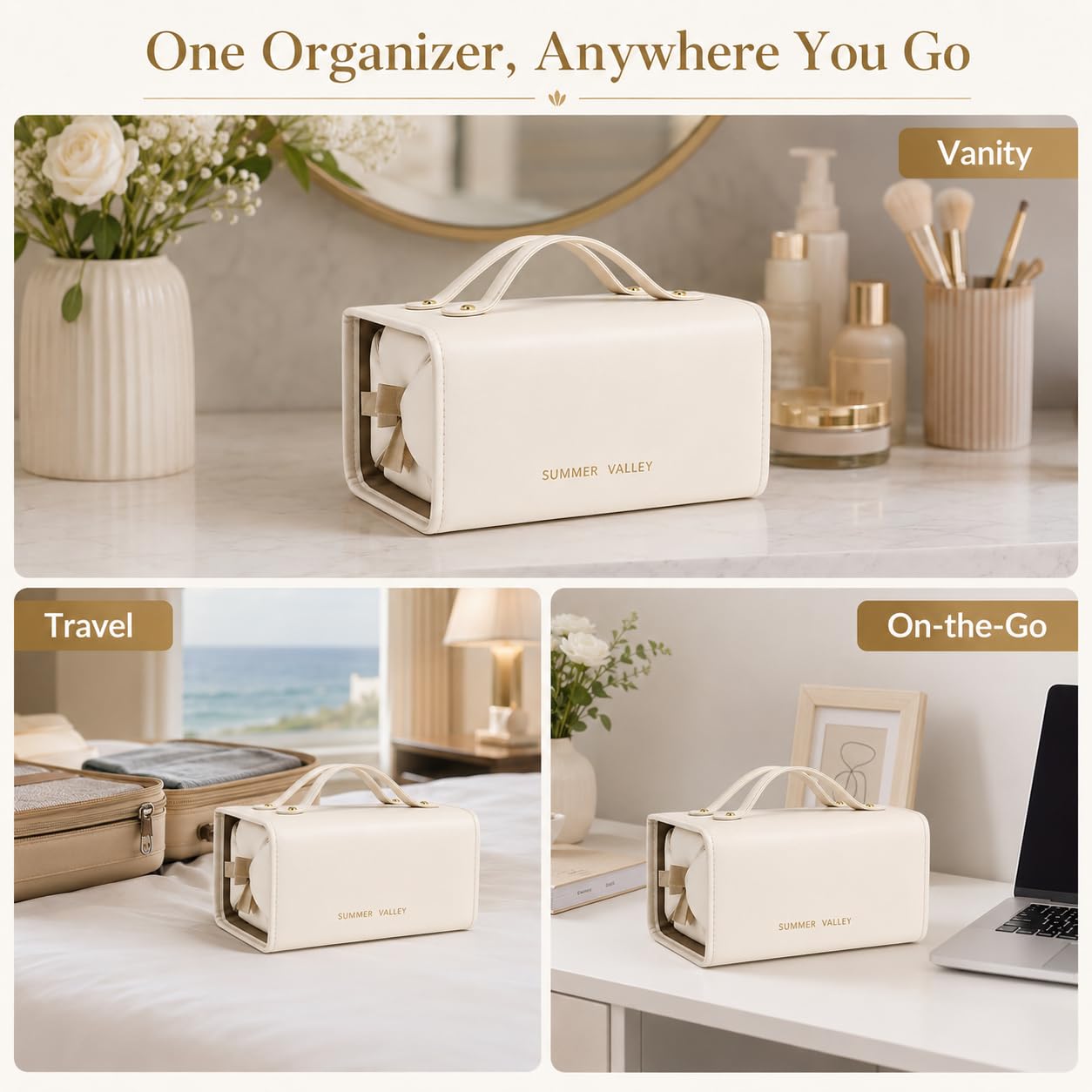 YDR 4-in-1 Travel Makeup Bag with Detachable Pouches, Large Hanging Toiletry Organizer for Women, Waterproof PU Leather Cosmetic Bag for Brushes, Toiletries & Skincare, Portable Roll Up Case