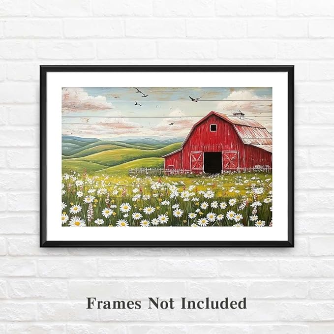 Yesad Country Red Barn Pictures, Daisy Canvas Wall Art Wildflower Meadow Poster Flower Print Rustic Farmhouse Decor Barn Painting Wall Decor Home Decoration for Living Room (Unframed,36”x24”,Barn2)