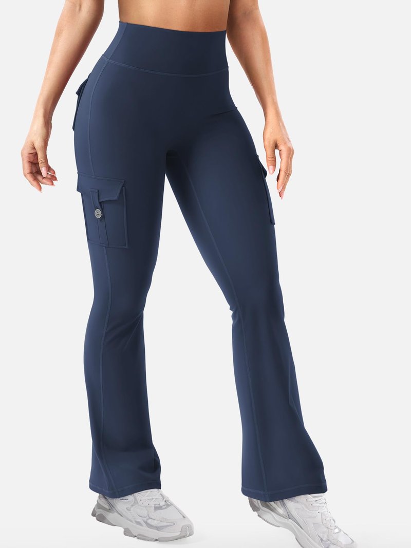 YEOREO CoreFlex Women Workout Flare Leggings with Pockets Scrunch Cargo Gym Yoga Leggings Blue Navy M
