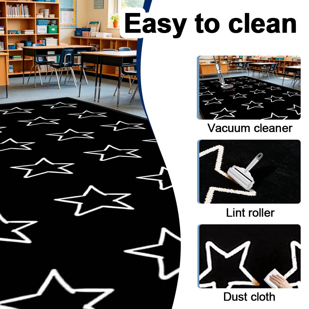 MAISONRINA Large Black and White Classroom Rug Elementary with Seating Spots, Stars Classroom Rugs for Preschool Nursery Daycare, Educational Kids Carpet for Kindergarten, 13'x7'7'' Seats 24(Black)
