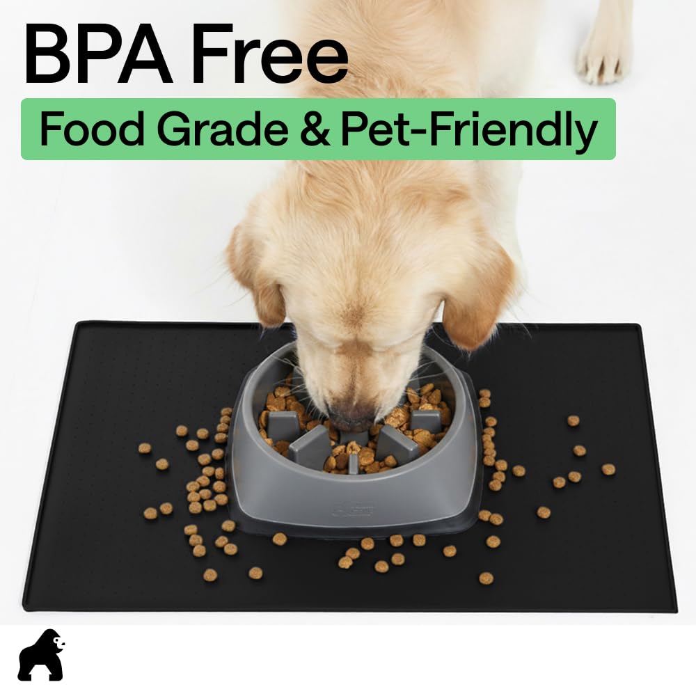 GORILLA GRIP 100% Waterproof Raised Edge BPA Free Silicone Pet Feeding Mat, Dog Cat Food Mats Contain Spills Protects Floors, Placemats for Cats and Dogs Water Bowl, Pets Accessories 18.5x11.5 Black