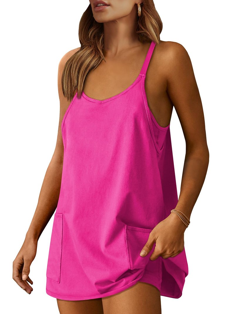 ANRABESS Women Athletic Dress Summer Tennis Workout Active Sports Mini Romper Dress Built in Shorts Travel Vacation Clothes Hot Pink Medium