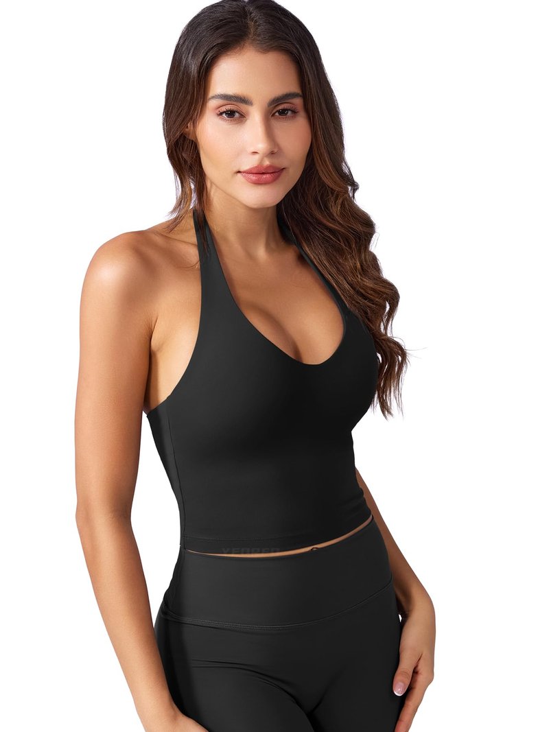 YEOREO CoreFlex Women's Halter Crop Top V Neck Workout Going Out Tank Top Padded Sleeveless Backless Trendy Summer Camisole Black Small