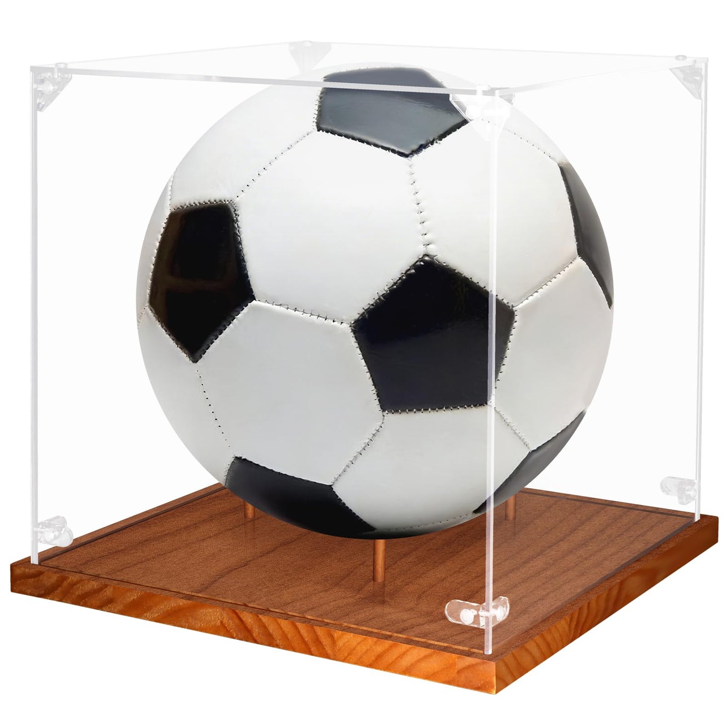 Clear Acrylic Soccer Ball Display Case with Wood Base & Tee, Memorabilia Stand Cube Holder, Dust Protection Transparent Storage Box for Single Ball Souvenir Soccer Ball Collections