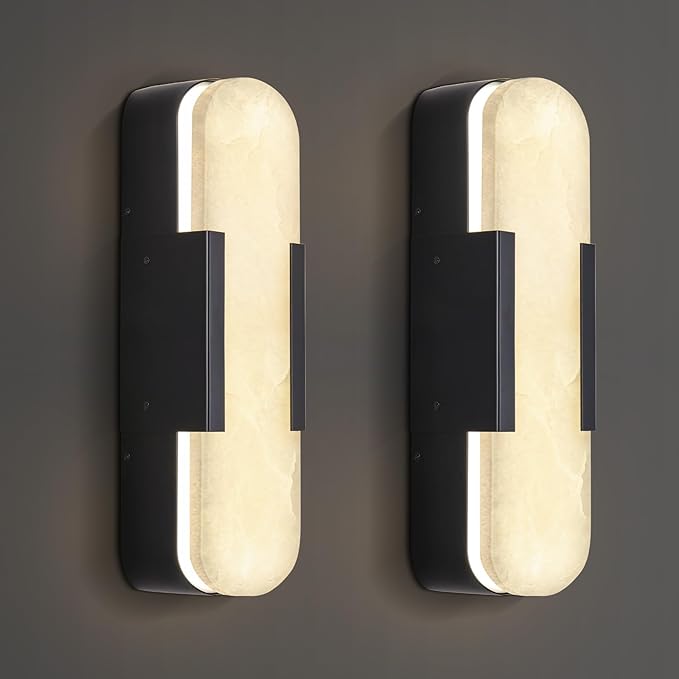 13.8 inch Black Alabaster Wall Sconces Set of 2, Natural Marble Wall Lighting, Bedside Wall Lamp, Indoor Vanity Light Fixtures for Hallway, Bathroom Living Room (Including LED)