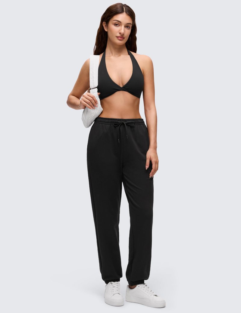 CRZ YOGA Butterluxe Double Lined Twist Halter Sports Bras for Women - Deep V Neck Crop Top Casual Open Back Non Padded Black Medium