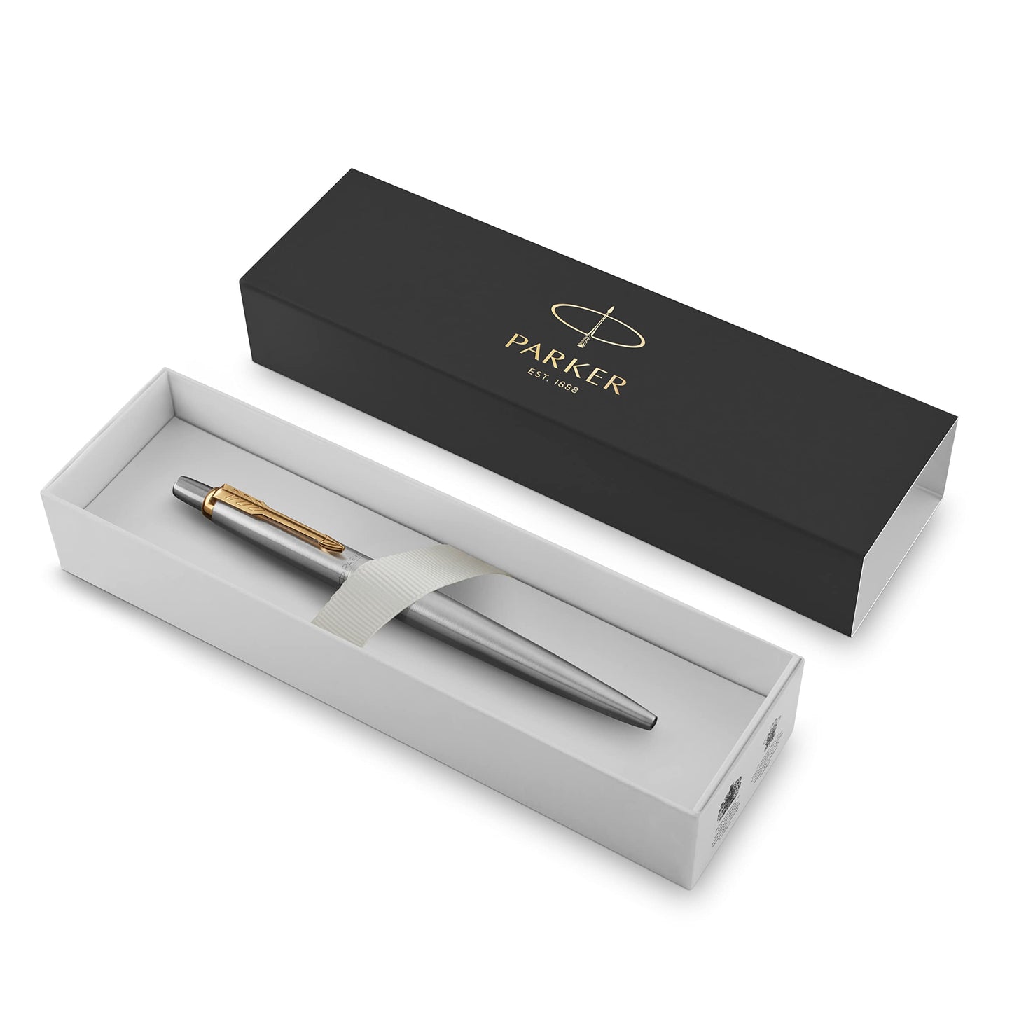 Parker Jotter Ballpoint Pen, Stainless Steel with Golden Trim, Medium Point, Blue Ink, Gift Box - Smooth Writing, Sleek, Polished, Professional, Desk Essentials