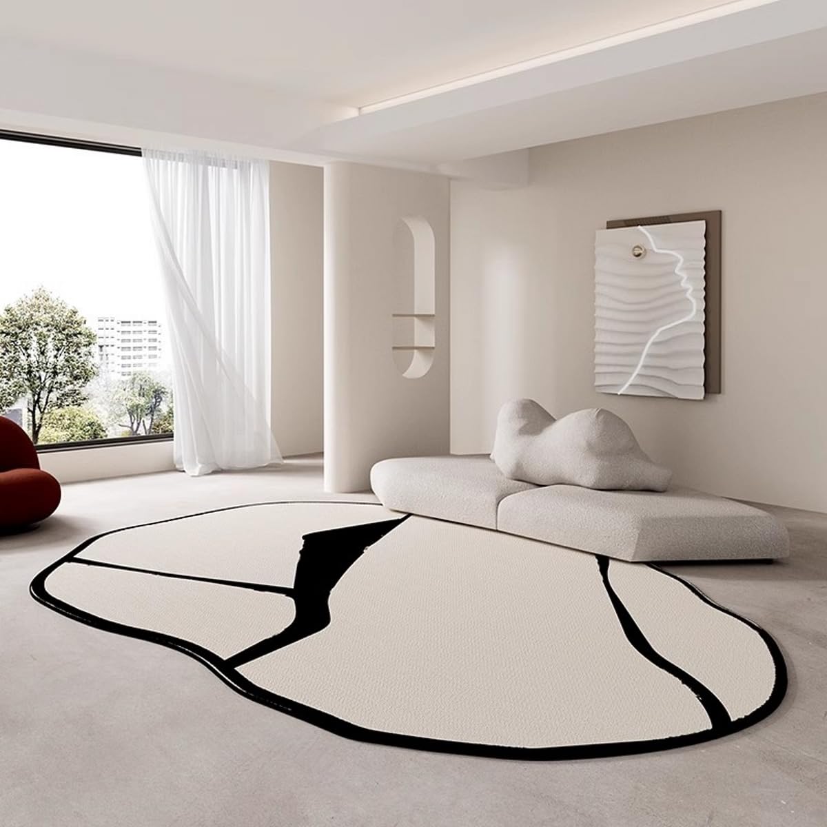 Minimalist Beige White Black Irregular Shaped Area Rug for Living Room Bedroom Dining Room Low Pile Washable Large Carpet Boho Art Deco Abstract Shaped Rug Non Slip Under Coffee Table Floor Mats 2x3