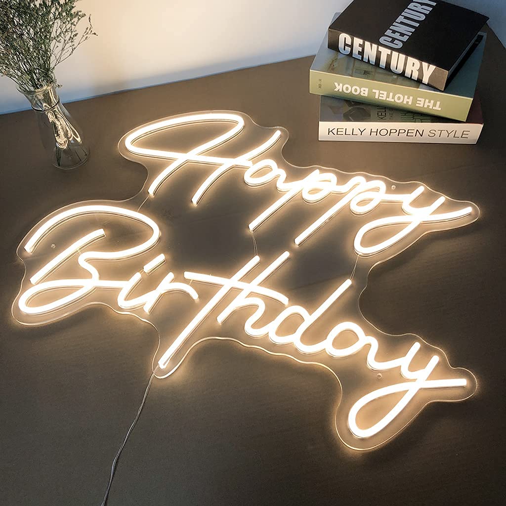Large Happy Birthday LED Neon Sign, 28 inches Personalized Neon Light Sign for Birthday Party Wall Decoration Bar Rave Home Decor Christmas Light Present(Warm White)
