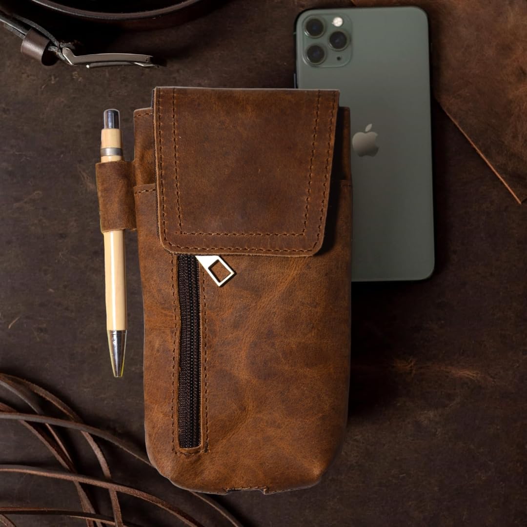 Leather Phone Holster – Genuine Full-Grain Buffalo Leather Cell Phone Holsters Holster for Large Smartphones Belt Holder - 7”H x 3.5" W