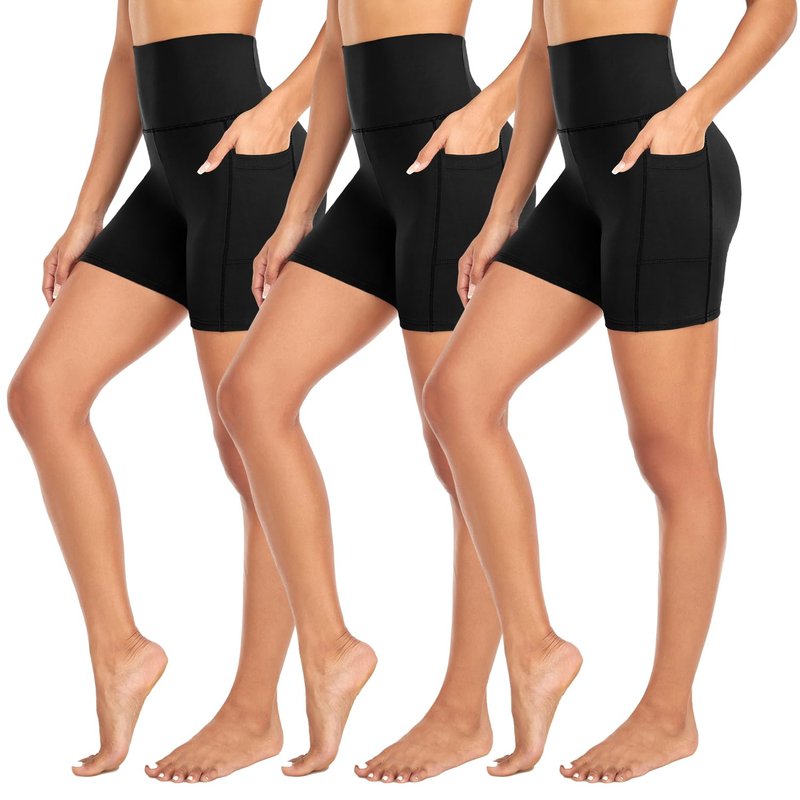 MOREFEEL 3 Pack Biker Shorts Women with Pockets – 5" Tummy Control High Waisted Workout Gym Yoga Athletic Shorts