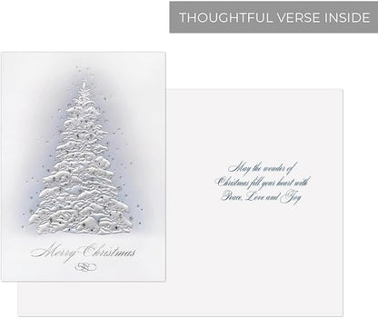Masterpiece Embossed Frosted Tree Christmas Cards / 15 Boxed Winter Evergreen With Pearl And Silver Accents Holiday Cards With Coordinating Envelopes / 5 5/8" x 7 7/8" Folded Tree Greeting Card Set