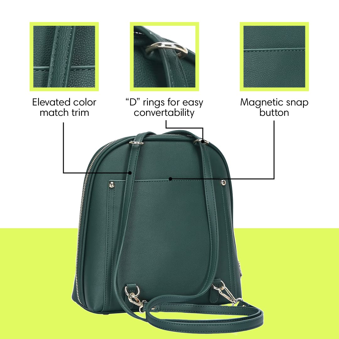 MMS Brands Miztique Daisy Convertible Backpack Purse for Women | Vegan Leather Shoulder Strap Bag or Convertible Backpack | (Emerald)