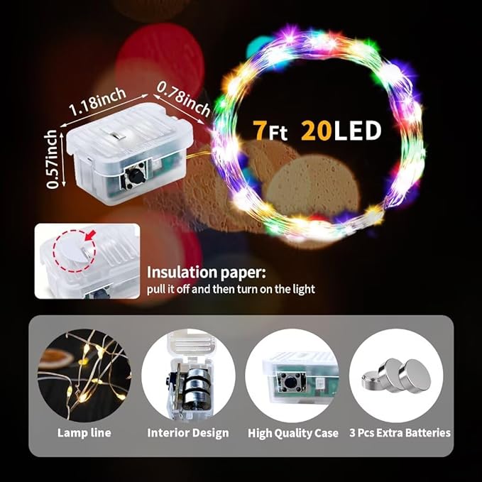 pozzolanas 24 Pack Multi-Colored Fairy Lights Battery Operated 3 Modes 7FT 20 LED Waterproof String Lights Twinkle Silver Wire for Mason Jars Wedding Christmas Halloween Party Decor (24,Multi-Colored)