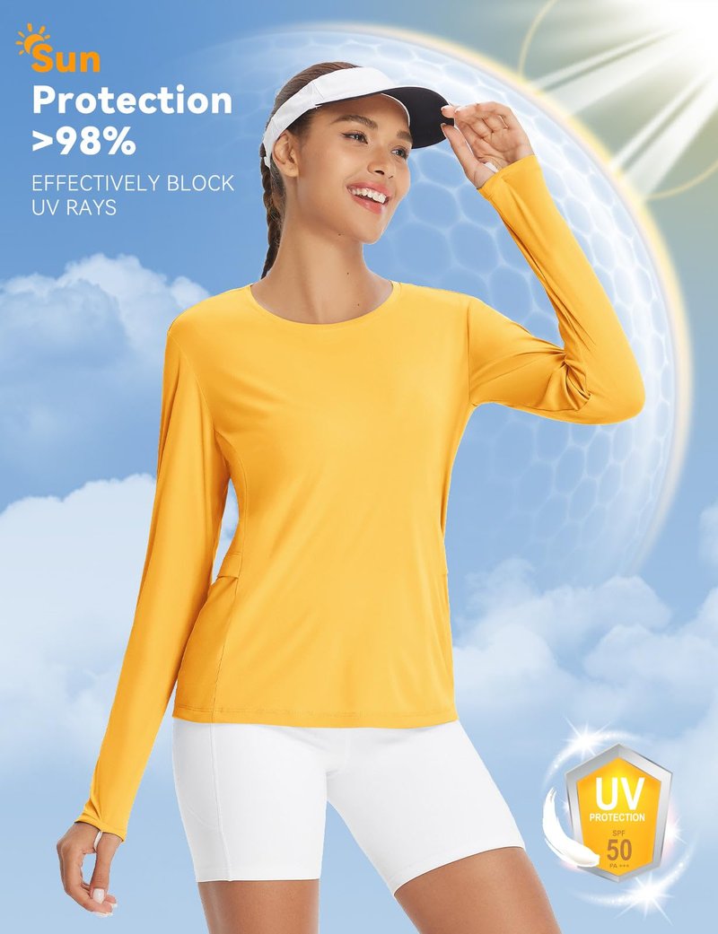 baleaf Rash Guard for Women Hiking Shirts Sun Shirt SPF UPF 50+ Quick Dry Long Sleeve Workout Tops Running Top Yellow M