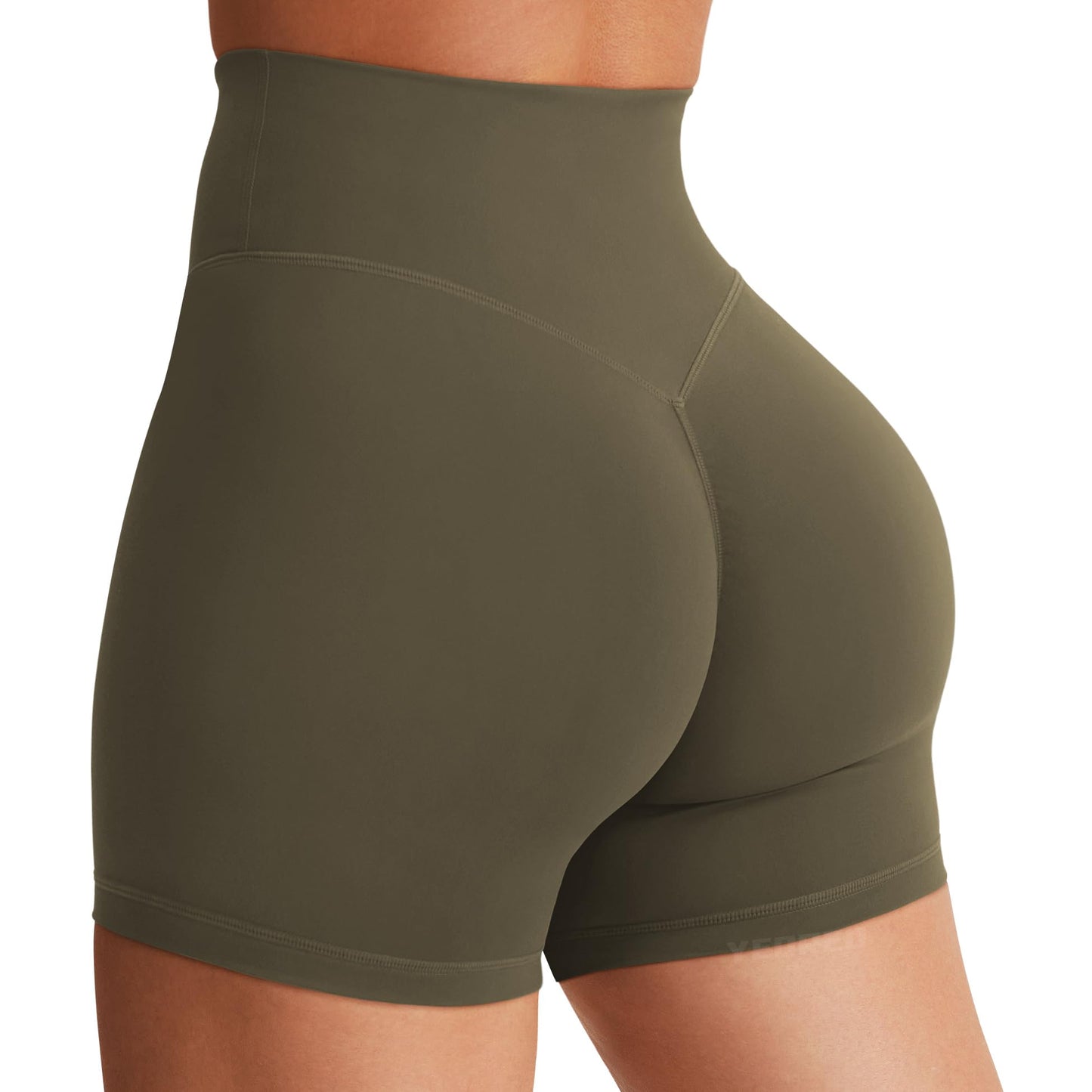 YEOREO Women's Biker Shorts 4.5" / 6" Workout Gym Shorts Craze High Waist Tummy Control Hidden Scrunch Running Yoga Olive Green XL