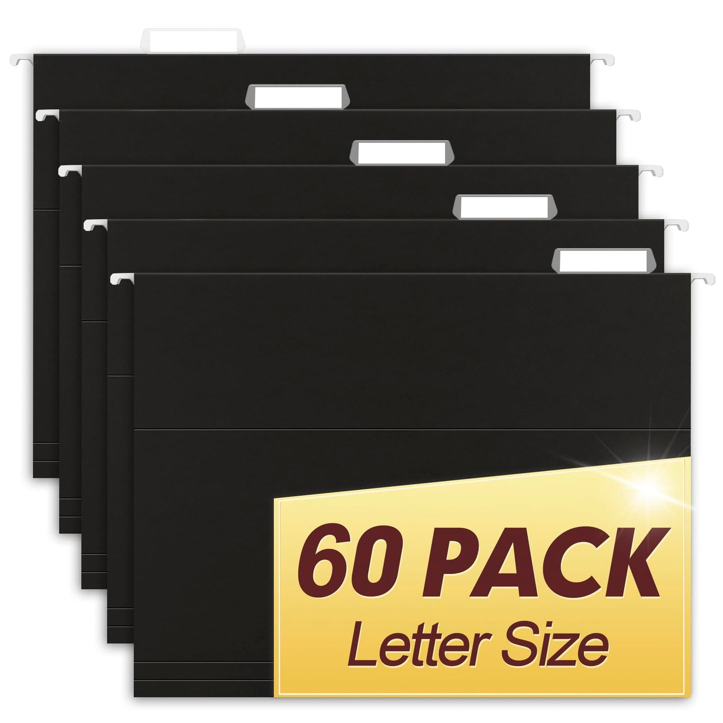 HERKKA Hanging File Folders, 60 Pack Reinforced Letter Size Hanging Folders, Designed for Bulky Files, Filing Cabinet, 1/5-Cut Adjustable Tabs (Black)