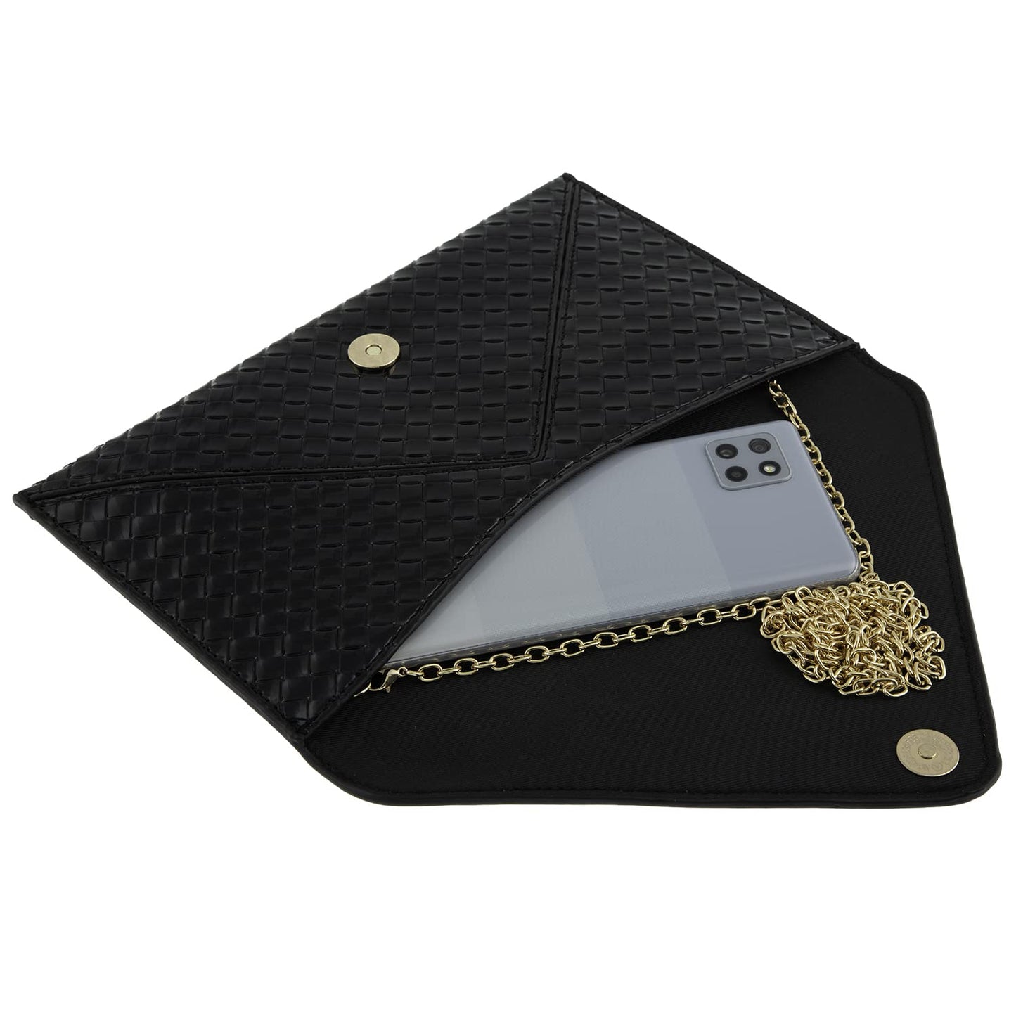 JNB Glossy Envelope Clutch Purse for Women, Faux Patent Leather Evening Bag with Detachable Chain Strap, Magnetic Snap Closure, Zipper Pocket, Black with Gold Hardware