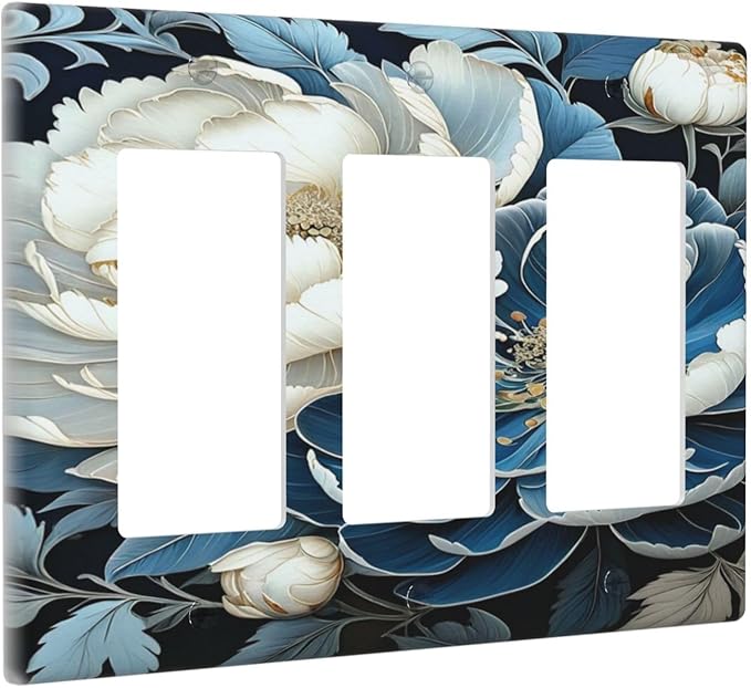 White Blue Flower Peonies 3 Gang Rocker Triple Outlet Wall Plate Decorative Switchplate Cover Faceplate GFCI Light Switch Covers for Farmhouse Living Decor
