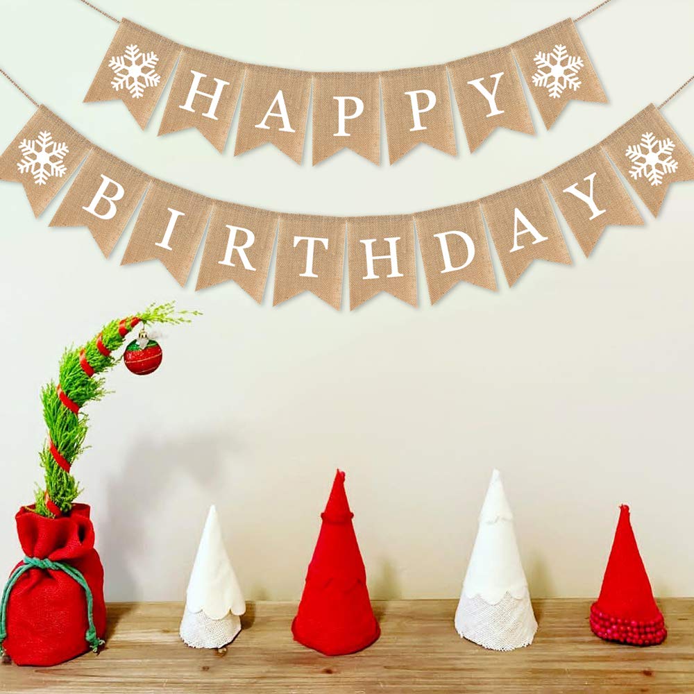 SWYOUN Burlap Happy Birthday Banner with Snowflake Birthday Party Bunting Garland Decoration