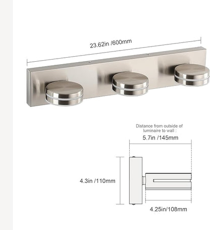 3-Light Bathroom Vanity Light, Brushed Nickel Bathroom Light Fixtures Over Mirror, LED Vanity Lights with 360°Rotating Lamp Head(24in)