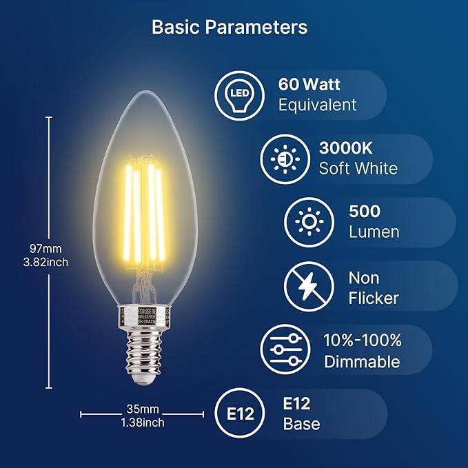 FLSNT 60W Equivalent LED Chandelier Light Bulbs, Dimmable LED B11 E12 Candelabra Base Bulbs, 3000K Warm White, 500LM, 12 Pack