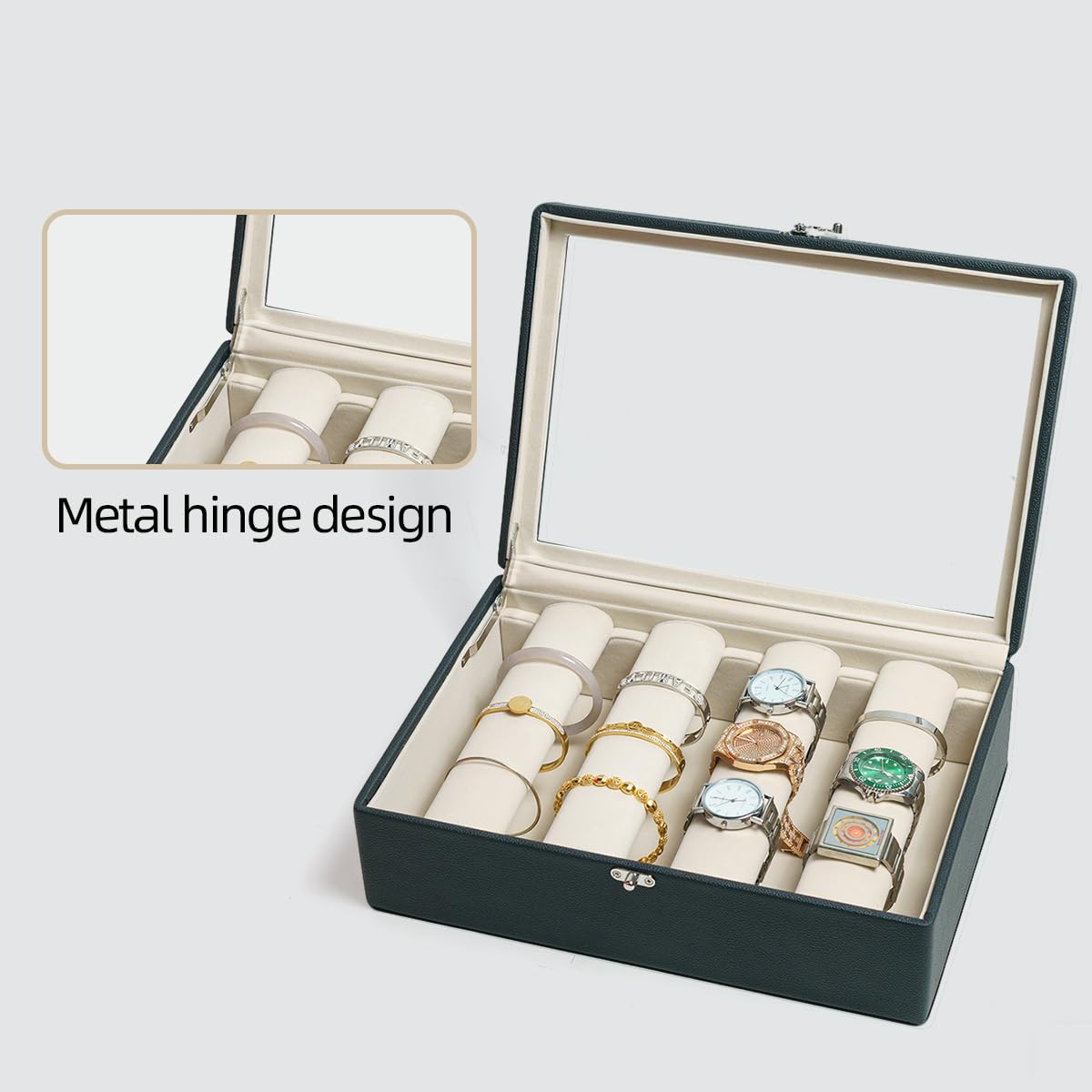 OrizeGe Jewelry Box with Glass Lid Bracelet Holder PU Leather for 4 Horizontal Rods Beige Velvet Watch Case for Women