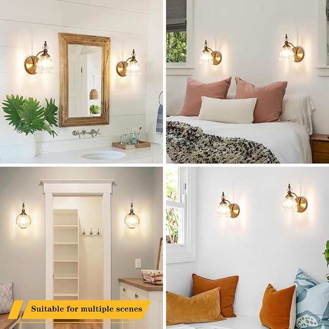 Vintage Brass Wall Sconces Set of Two, Brushed Gold Bathroom Vanity Light Fixtures, Hardwired Sconces Wall Deco Set of 2, Glass Wall Lights for Bathroom, Bedroom,Hallway (Excludes G9 Bulb)