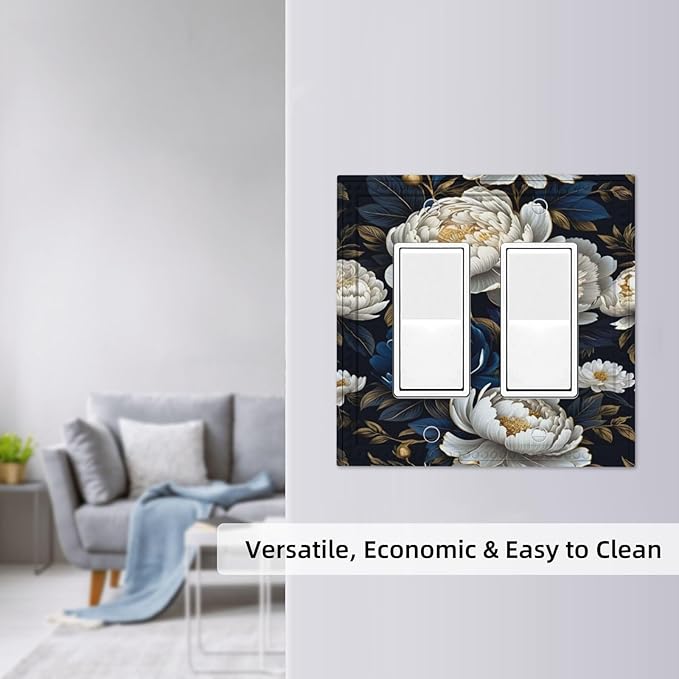 White Gold Blue Flower Dual Outlet Covers Wall Plate 2 Gang Rocker Decora Decorative Switchplate Electrical Faceplate GFCI Light Switch Covers for Farmhouse Living Decor