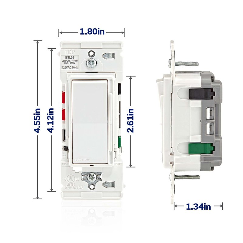 Leviton Lever Edge Rocker Slide Dimmer Switch for LED/Incandescent Bulbs, 150 Watt, Single Pole or 3-Way, ESL01-1LW, White