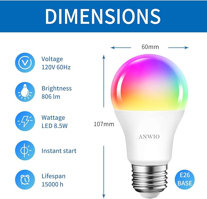 ANWIO Smart Light Bulbs 8.5W (60W Replacement) A19 E26 LED Bulb Work with Alexa, Google Assistant, Smart Life App, Tuya App, Color Changing Light Bulb,806LM,2.4Ghz only，No Hub Required（2-Pack）