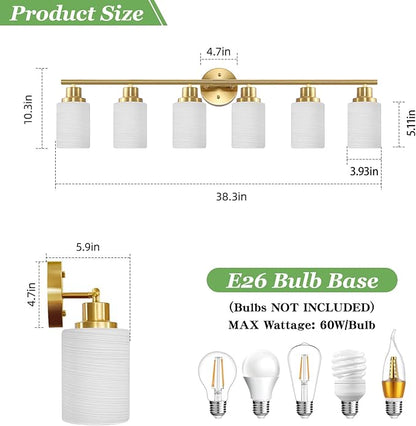 6-Light Vanity Lights, Brushed Gold Bathroom Light Fixture with Striped Textured Milky White Glass Shade, E26 Wall Sconce, Modern Vanity Lighting Fixture for Bathroom Wall Light Over Mirror
