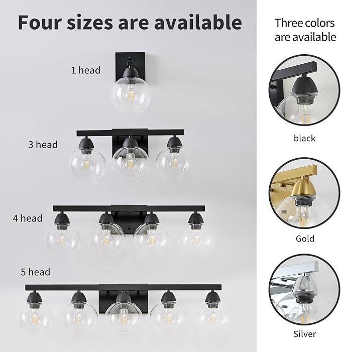 Bathroom Light Fixtures, 1-Light Matte Black Vanity Light with Hand-Blown Thick Glass Shade, High Clarity & Durable, Wall Sconce for Mirror, Kitchen, Bedroom, Hallway