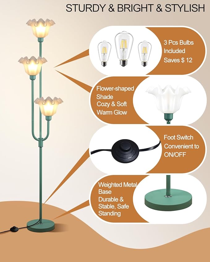Lightdot 66IN Flower Floor Lamp 3-Lights Vintage Floor Lamps with 3000K Warm White Bulbs for Wedding Party Modern Tall Standing Lamp for Living Room/Bedroom