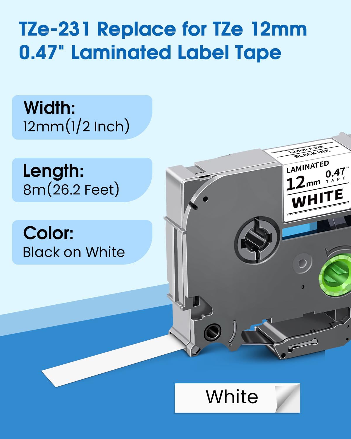 10-Pack TZe-231 TZe 12mm 0.47 Inch Laminated White Compatible for Brother TZe231 TZ-231 Label Tape Work with Ptouch PTD200 PTD202 PTD210 PTD600 PTD400 PTH100 PTH110 PT1280 Label Maker, Black on White