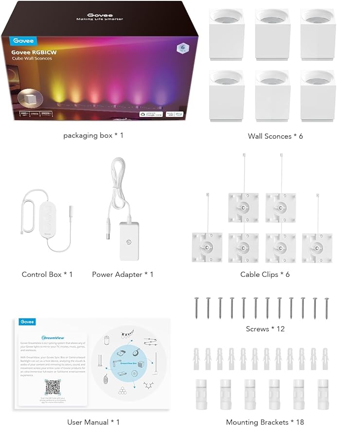 Govee Cube Wall Sconces, RGBIC LED Wall Light Works with Alexa, WiFi Smart Lights for Room Decor, Color Changing Indoor Light Fixture for Bedroom Dining Room, Music Sync, Adjustable Cables, 15ft