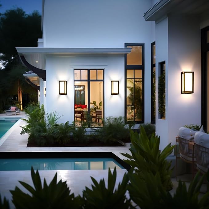 Black Modern Wall Mount Lights, IP65 Aluminum Outdoor Porch Light, 12W 3000K-6000K, 2 Pack Exterior Wall Sconces for House, Backyard, Hallway