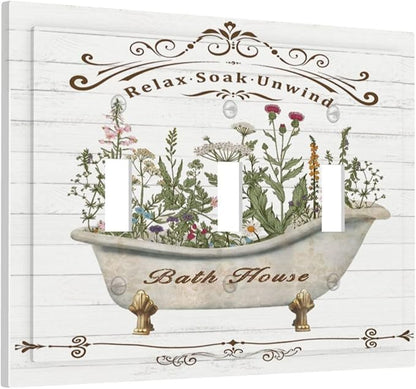 Rustic Farmhouse Wooden Board Botanical Flower 3 Gang Wall Plates Decorative Triple Toggle Light Switch Cover Electrical Switchplate Unused Decorate Faceplate for Bathroom Home