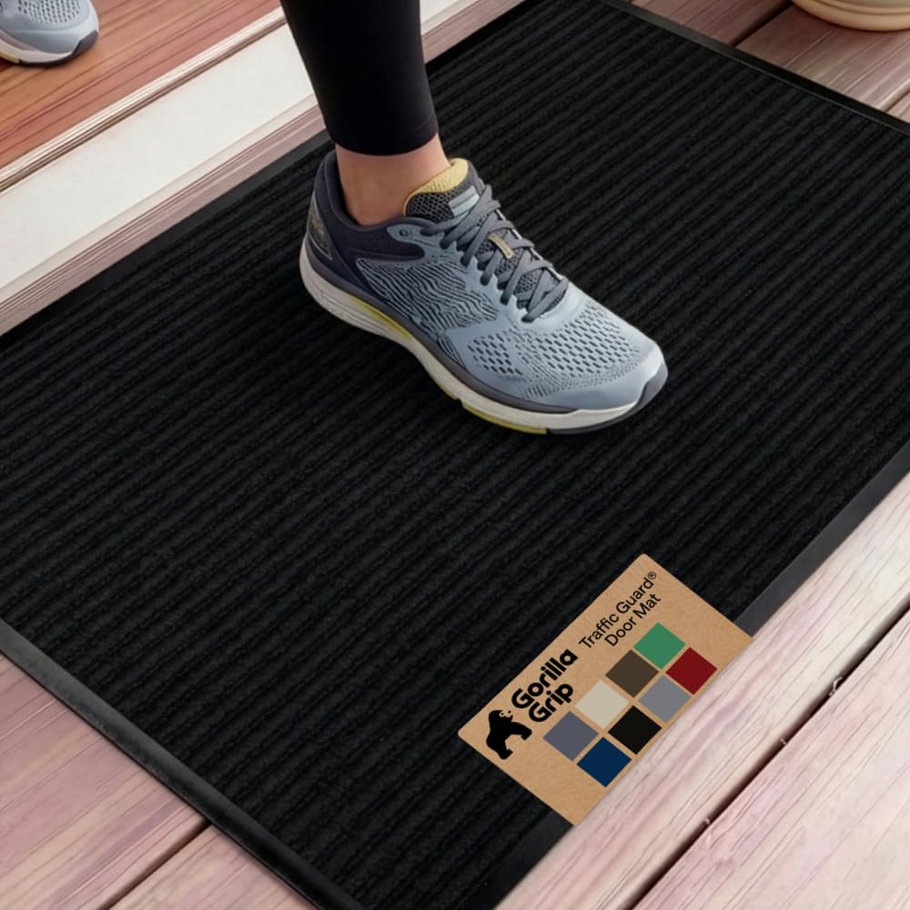 GORILLA GRIP Waterproof Traffic Guard Door Mat, 35x23, Heavy Duty Entryway Mats, Strong Backing Commercial Utility Rugs for Office Hallway, Garage Floor and Home, Low Profile Carpet Runner, Black