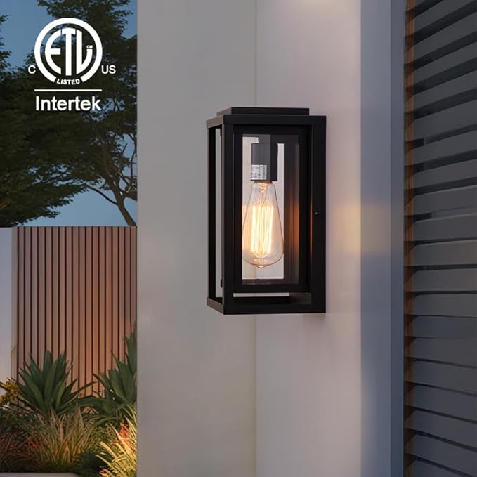 Cerdeco 12” Modern Outdoor Wall Sconce with Rectangular Metal Frame and Transparent Glass Shade,Black Outdoor Lighting for Garage Porch Patio Pack of 2(ETL Listed)