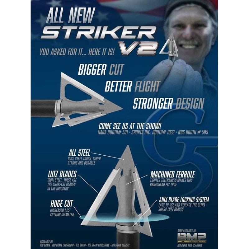 G5 Striker V2 Fixed 3-Blade Broadhead - Archery Hunting Steel Ferrule 125 Grain 1.25" Cutting Diameter Broadhead - Crossbow Version