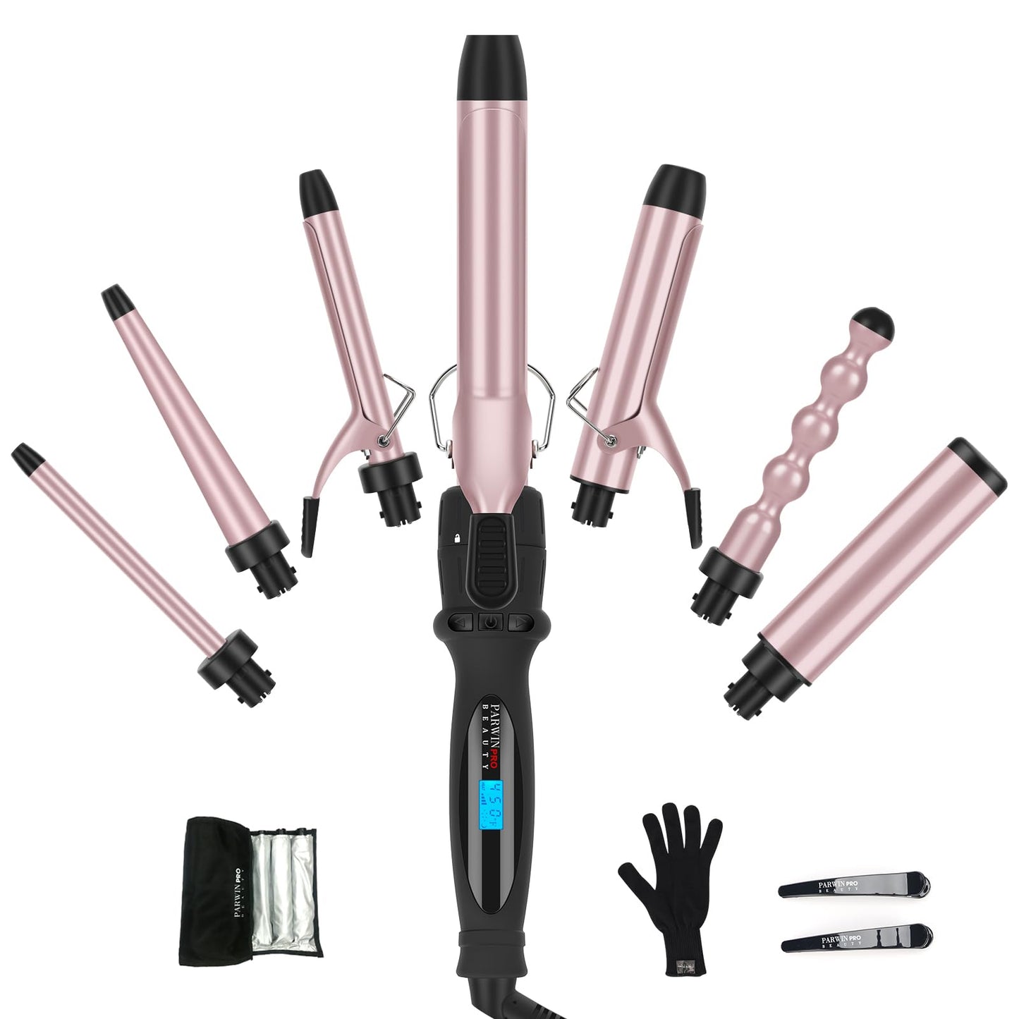 PARWIN PRO BEAUTY 7 in 1 Curling Iron Wand Set,Dual Voltage Curling Wand with 7 Interchangeable Diamond Ceramic Hair Curler Wands with LCD Temperature Control Auto Shut Off Black