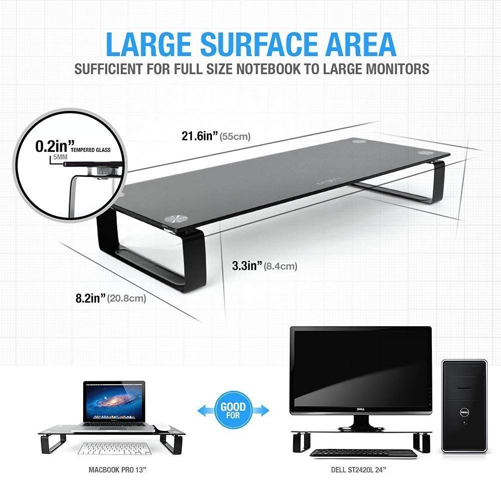 Eutuxia Type-S Black Tempered Glass Monitor Stand, TV, Laptop, Computer, All-In-One Desktop, Printer Riser [21.75 x 8.25 x 3.25 Inches]