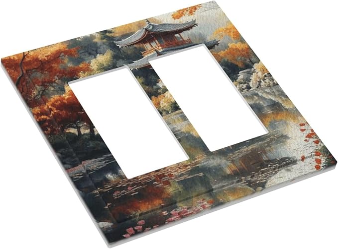 Decorative Art Light Switch Covers Lake & Pagoda in Fall 2 Gang Dual Rocker Outlet Switch plate Faceplate GFCI for Home Decor