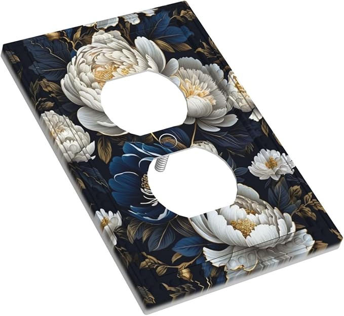 White Gold Blue Flower Light Switch Cover 1 Gang Outlet Plate Single Duplex Wall Plate Covers Decorative Switchplate Covers Electrical Faceplate for Home Decor