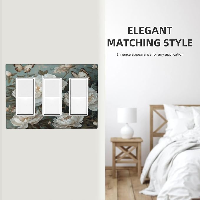 Decorative Art Light Switch Covers Butterflies & Peonies 3 Gang Triple Rocker Outlet Switch plate GFCI Faceplate GFCI for Home Decor